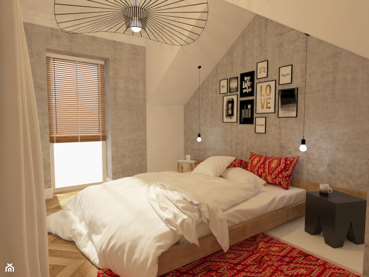 SYPIALNIA - Średnia biała szara sypialnia na poddaszu z balkonem / tarasem, styl skandynawski - zdjęcie od DREWIEN.CO - Homebook
