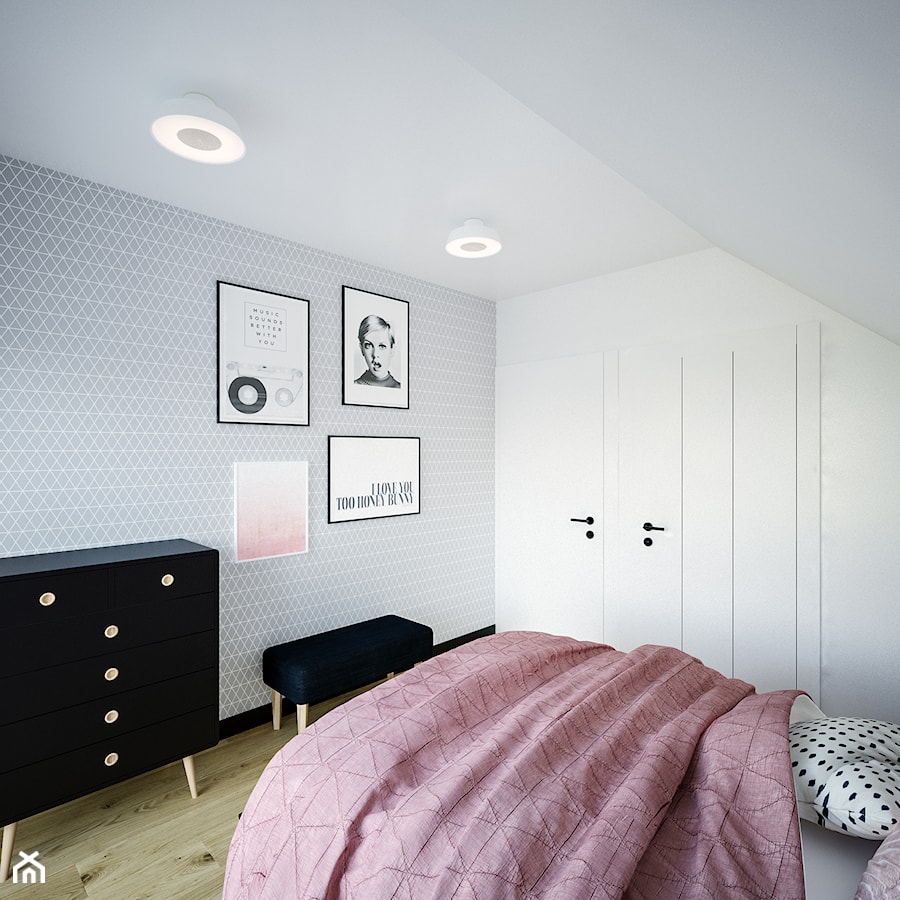 Dom na skale Głuchołazy - Średnia biała sypialnia na poddaszu, styl skandynawski - zdjęcie od Studio projektowania wnętrz''Studio Aranżacji''
