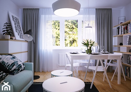 Pierwsze mieszkanie Kasi - Mały biały salon z jadalnią, styl skandynawski - zdjęcie od Studio projektowania wnętrz''Studio Aranżacji''