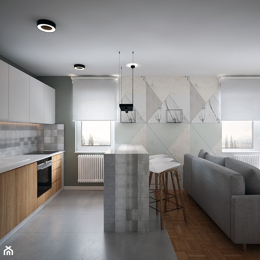 Gregor House - Średnia otwarta z salonem z kamiennym blatem szara z zabudowaną lodówką z nablatowym zlewozmywakiem kuchnia dwurzędowa z oknem, styl nowoczesny - zdjęcie od Studio projektowania wnętrz''Studio Aranżacji''