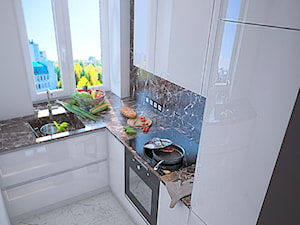 Pierwsze mieszkanie Kasi - Mała zamknięta z kamiennym blatem biała z zabudowaną lodówką z podblatowym zlewozmywakiem kuchnia w kształcie litery l z oknem z marmurem nad blatem kuchennym, styl nowoczesny - zdjęcie od Studio projektowania wnętrz''Studio Aranżacji''