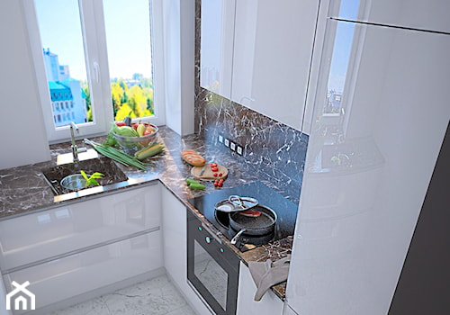 Pierwsze mieszkanie Kasi - Mała zamknięta z kamiennym blatem biała z zabudowaną lodówką z podblatowym zlewozmywakiem kuchnia w kształcie litery l z oknem z marmurem nad blatem kuchennym, styl nowoczesny - zdjęcie od Studio projektowania wnętrz''Studio Aranżacji''