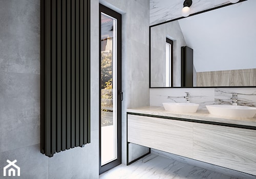 Dom na skale Głuchołazy - Mała na poddaszu z lustrem z dwoma umywalkami łazienka z oknem, styl nowoczesny - zdjęcie od Studio projektowania wnętrz''Studio Aranżacji''