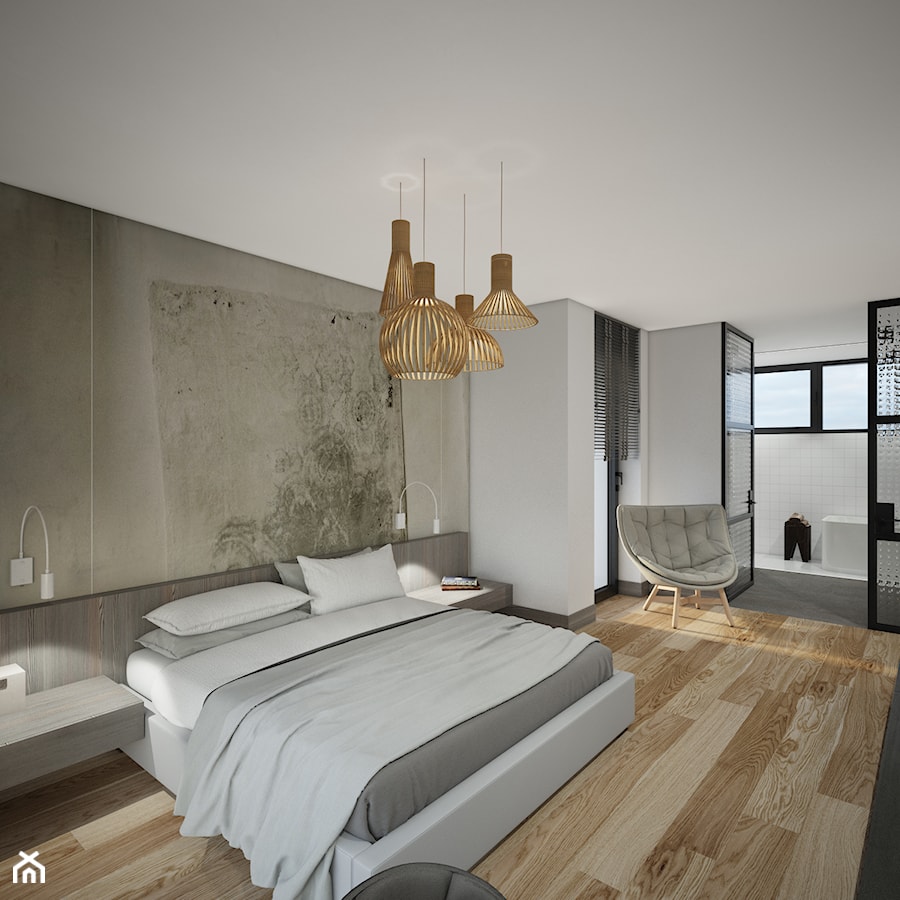 Dom w Chrząstowicach - Duża beżowa biała sypialnia z łazienką, styl nowoczesny - zdjęcie od Studio projektowania wnętrz''Studio Aranżacji''