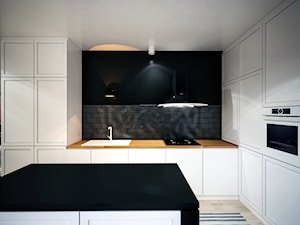 Europejska Resident - Średnia z salonem biała czarna z zabudowaną lodówką z nablatowym zlewozmywakiem kuchnia w kształcie litery l z wyspą lub półwyspem, styl skandynawski - zdjęcie od Studio projektowania wnętrz''Studio Aranżacji''