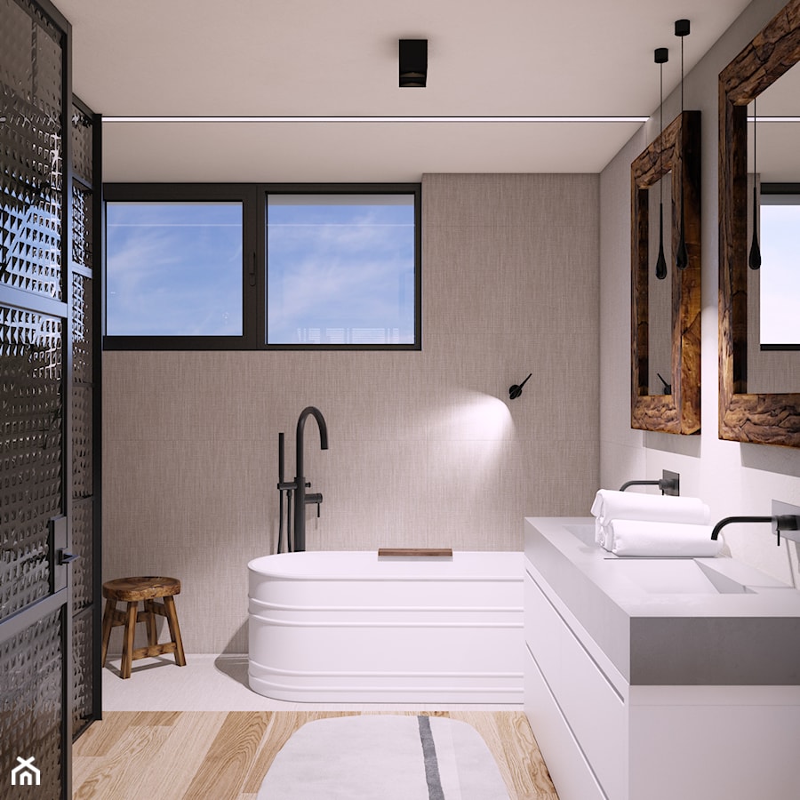 Dom w Chrząstowicach - Mała na poddaszu z lustrem z dwoma umywalkami łazienka z oknem, styl tradycyjny - zdjęcie od Studio projektowania wnętrz''Studio Aranżacji''