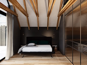 Dom w Chrząstowicach - Średnia biała czarna sypialnia na poddaszu z balkonem / tarasem, styl skandynawski - zdjęcie od Studio projektowania wnętrz''Studio Aranżacji''