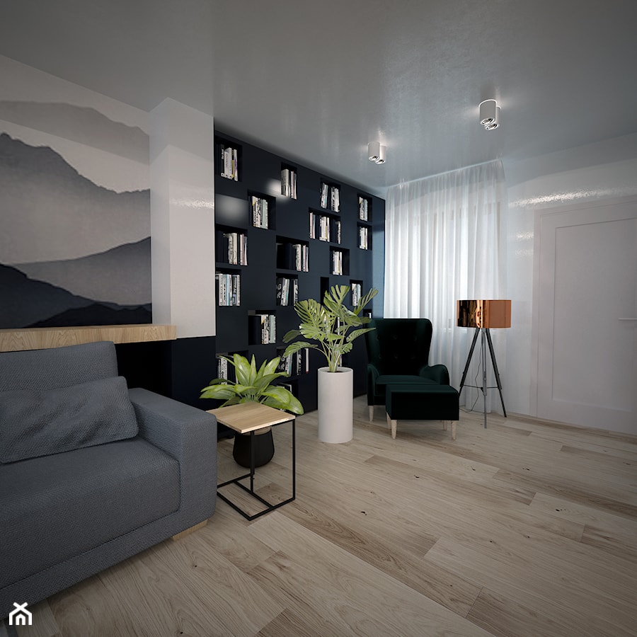 Europejska Resident - Mały biały salon z bibiloteczką, styl nowoczesny - zdjęcie od Studio projektowania wnętrz''Studio Aranżacji''
