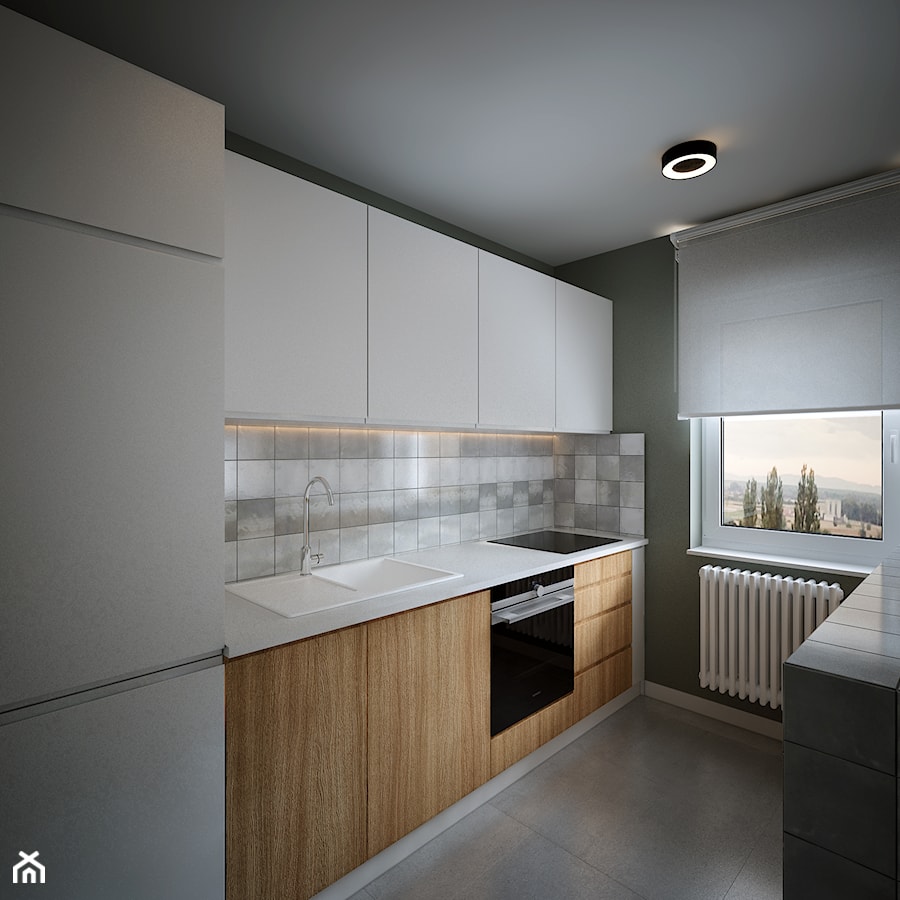 Gregor House - Średnia otwarta z kamiennym blatem czarna szara z zabudowaną lodówką z nablatowym zlewozmywakiem kuchnia dwurzędowa z oknem, styl nowoczesny - zdjęcie od Studio projektowania wnętrz''Studio Aranżacji''