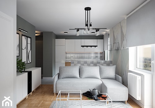Gregor House - Mały biały czarny salon z kuchnią, styl skandynawski - zdjęcie od Studio projektowania wnętrz''Studio Aranżacji''