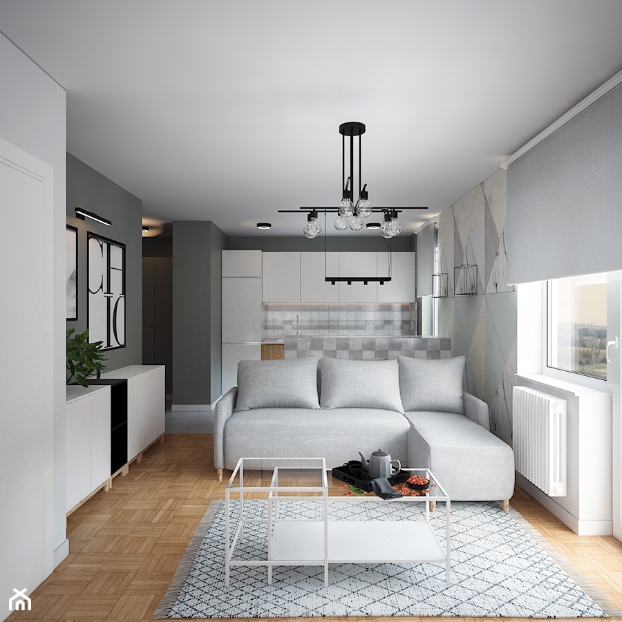 Gregor House - Mały biały czarny salon z kuchnią, styl skandynawski - zdjęcie od Studio projektowania wnętrz''Studio Aranżacji''