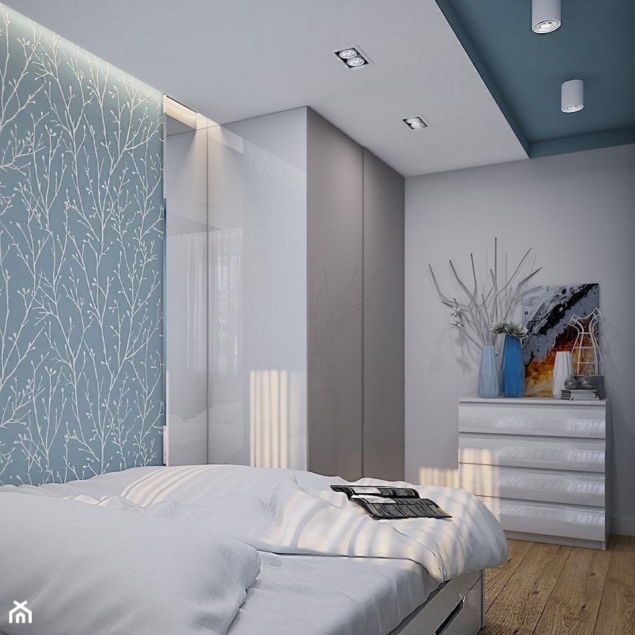 Średnia biała niebieska sypialnia, styl nowoczesny - zdjęcie od Studio projektowania wnętrz''Studio Aranżacji''