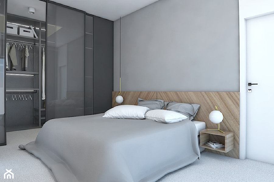 Z betonem w tle - Średnia beżowa szara sypialnia z garderobą, styl nowoczesny - zdjęcie od Studio projektowania wnętrz''Studio Aranżacji''