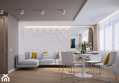 Pierwsze mieszkanie Kasi - Średni biały brązowy salon z jadalnią, styl nowoczesny - zdjęcie od Studio projektowania wnętrz''Studio Aranżacji''