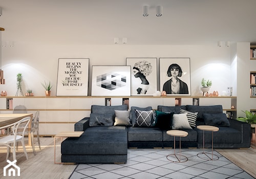 Europejska Resident - Duży biały salon z jadalnią z bibiloteczką, styl skandynawski - zdjęcie od Studio projektowania wnętrz''Studio Aranżacji''