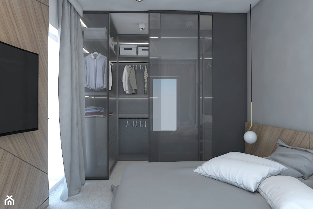 Z betonem w tle - Mała szara sypialnia z garderobą, styl nowoczesny - zdjęcie od Studio projektowania wnętrz''Studio Aranżacji'' - Homebook