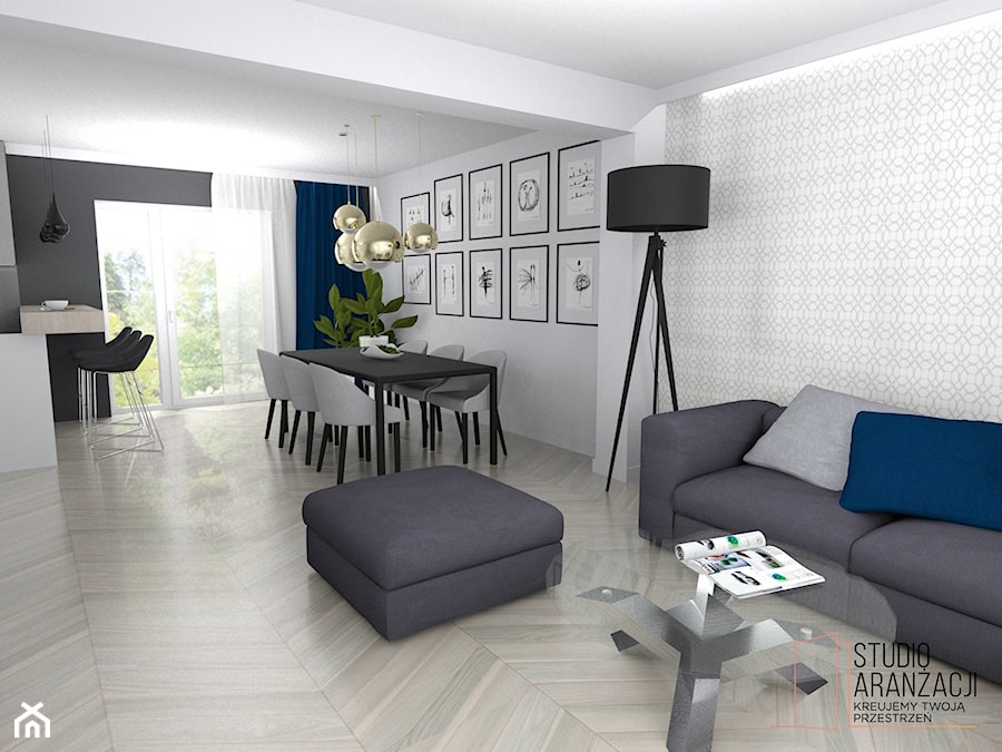Duża czarna szara jadalnia w salonie, styl minimalistyczny - zdjęcie od Studio projektowania wnętrz''Studio Aranżacji''