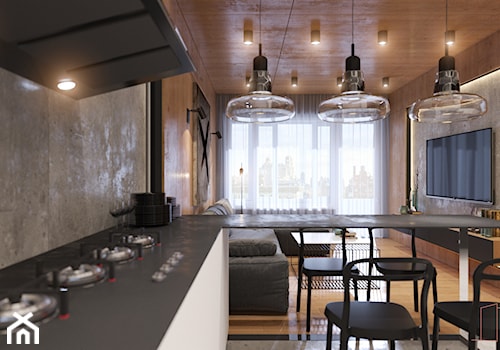 U Tomka w M3 - Średni beżowy szary salon z kuchnią z jadalnią, styl nowoczesny - zdjęcie od Studio projektowania wnętrz''Studio Aranżacji''