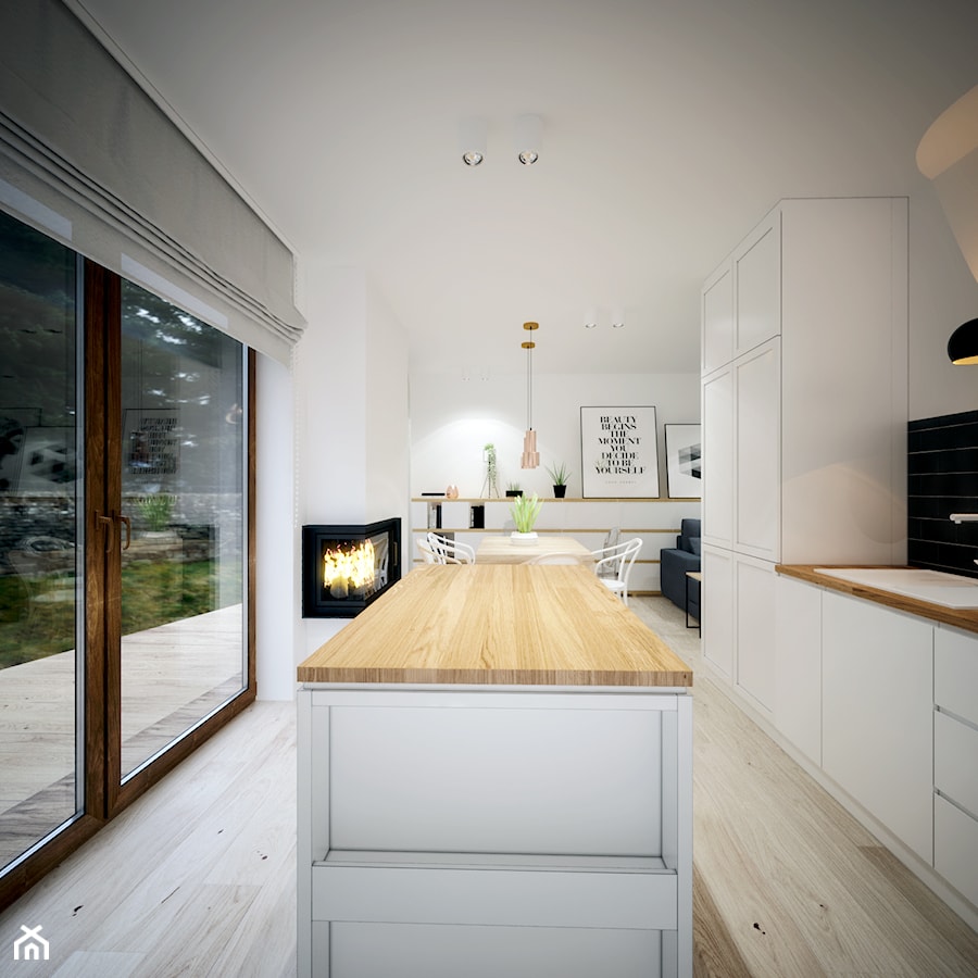 Europejska Resident - Średnia otwarta z salonem biała z zabudowaną lodówką z nablatowym zlewozmywakiem kuchnia jednorzędowa z wyspą lub półwyspem z oknem, styl skandynawski - zdjęcie od Studio projektowania wnętrz''Studio Aranżacji''