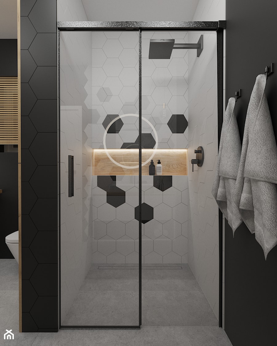 Czarno-biała łazienka z heksagonami - Mała bez okna z punktowym oświetleniem łazienka, styl nowoczesny - zdjęcie od Polilinia Design