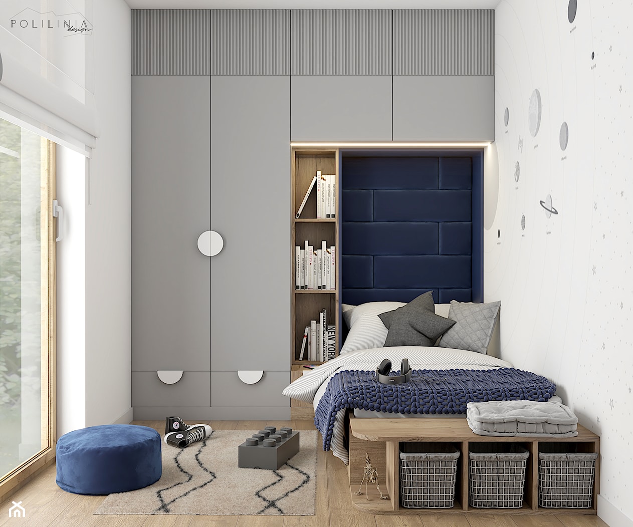 Pokój dla chłopca z dodatkiem koloru granatowego - Średni biały szary niebieski z panelami tapicerowanymi pokój dziecka dla nastolatka dla chłopca, styl nowoczesny - zdjęcie od Polilinia Design - Homebook
