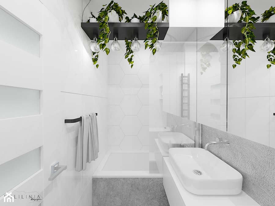 Jasna łazienka z dekoracyjną zielenią - Mała bez okna z lustrem łazienka - zdjęcie od Polilinia Design
