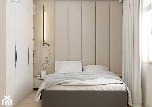 Projekt mieszkania - Warszawa - Mała beżowa z panelami tapicerowanymi sypialnia, styl nowoczesny - zdjęcie od Polilinia Design