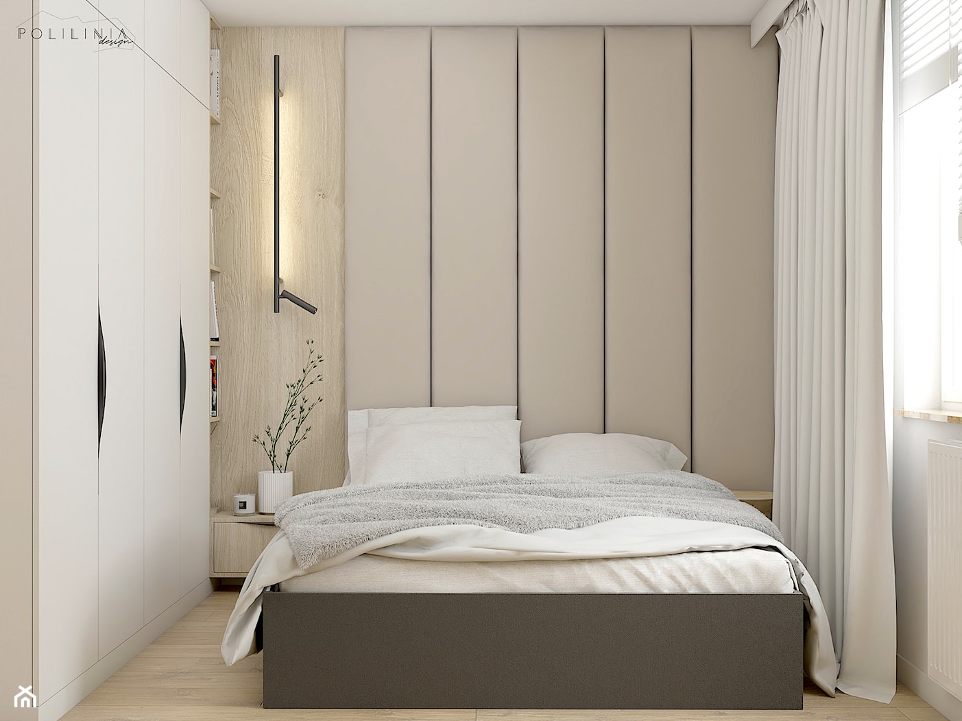 Projekt mieszkania - Warszawa - Mała beżowa z panelami tapicerowanymi sypialnia, styl nowoczesny - zdjęcie od Polilinia Design - Homebook