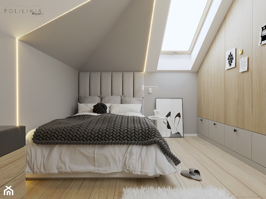 Pokój nastolatki - dom Piekary Śląskie - Średnia beżowa biała szara szary sypialnia na poddaszu, styl nowoczesny - zdjęcie od Polilinia Design
