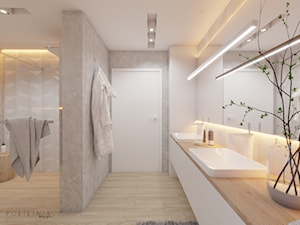 Łazienka - dom Ruda Śląska #5 - Duża bez okna z lustrem z dwoma umywalkami z punktowym oświetleniem łazienka, styl nowoczesny - zdjęcie od Polilinia Design