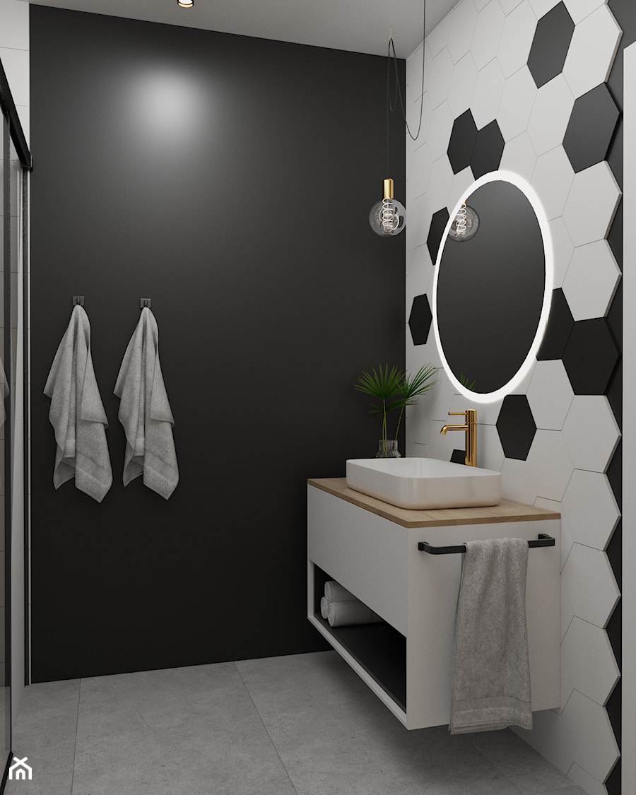 Czarno-biała łazienka z heksagonami - Mała bez okna z lustrem z punktowym oświetleniem łazienka, styl nowoczesny - zdjęcie od Polilinia Design