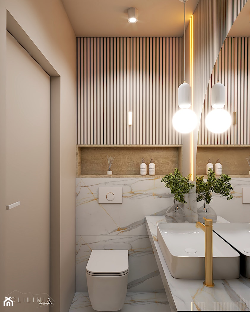 Toaleta w beżach - Mała z marmurową podłogą łazienka, styl nowoczesny - zdjęcie od Polilinia Design - Homebook