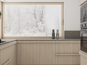 Naturalna strefa dzienna - Średnia z kamiennym blatem biała z zabudowaną lodówką z nablatowym zlewozmywakiem kuchnia z oknem z kompozytem na ścianie nad blatem kuchennym, styl minimalistyczny - zdjęcie od Polilinia Design
