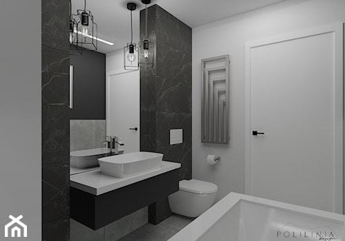 Czarno biała łazienka z płytkami w marmurowy wzór - Mała bez okna z lustrem łazienka - zdjęcie od Polilinia Design