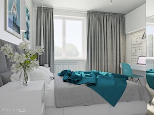 Turkusowa sypialnia - Mała biała z biurkiem sypialnia - zdjęcie od Polilinia Design