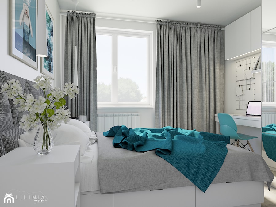 Turkusowa sypialnia - Mała biała z biurkiem sypialnia - zdjęcie od Polilinia Design