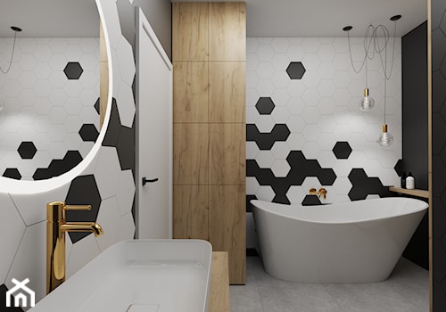 Czarno-biała łazienka z heksagonami - Średnia bez okna z lustrem łazienka, styl nowoczesny - zdjęcie od Polilinia Design