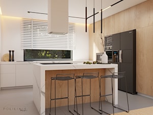 Część dzienna - dom Ruda Śląśka #5 - Duża otwarta biała z zabudowaną lodówką z nablatowym zlewozmywakiem kuchnia w kształcie litery l z wyspą lub półwyspem z oknem, styl nowoczesny - zdjęcie od Polilinia Design