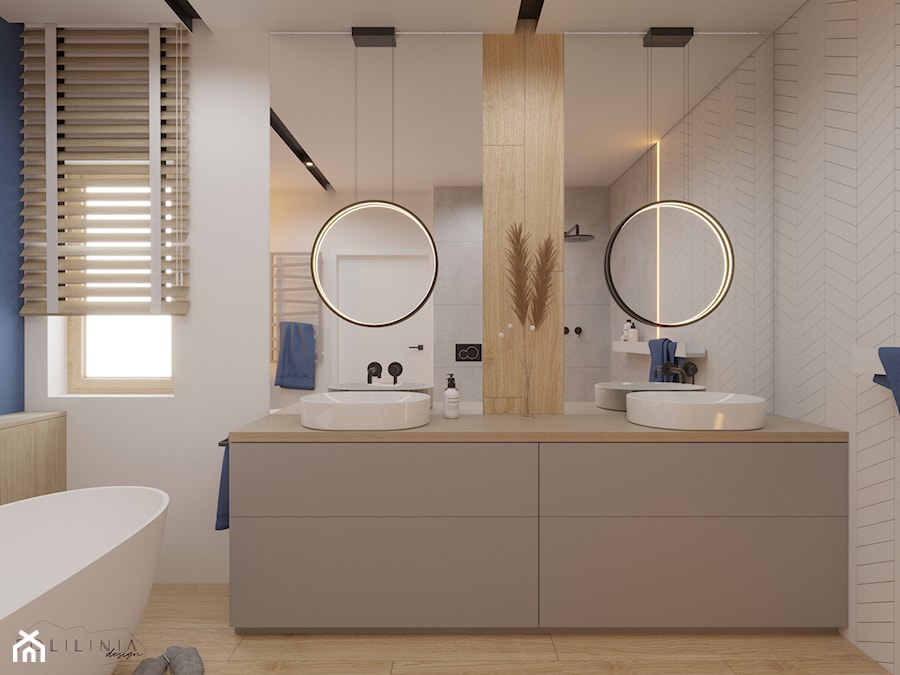 Łazienka - dom Mysłowice - Średnia z dwoma umywalkami łazienka z oknem, styl nowoczesny - zdjęcie od Polilinia Design