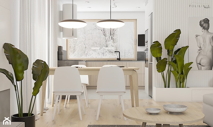 Nowoczesna strefa dzienna z dwoma łazienkami - Średnia biała jadalnia w salonie w kuchni, styl nowoczesny - zdjęcie od Polilinia Design
