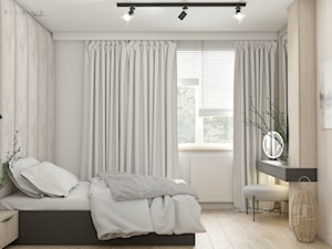 Projekt mieszkania - Warszawa - Średnia beżowa biała z panelami tapicerowanymi sypialnia, styl nowoczesny - zdjęcie od Polilinia Design