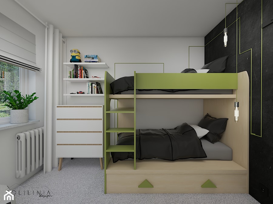 Pokój dziecięcy z oliwkowymi akcentami - Mały czarny szary pokój dziecka dla nastolatka dla chłopca dla dziewczynki dla rodzeństwa - zdjęcie od Polilinia Design