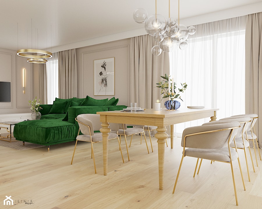 Część dzienna domu jednorodzinnego w eleganckich beżach - Jadalnia, styl nowoczesny - zdjęcie od Polilinia Design