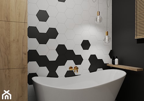 Czarno-biała łazienka z heksagonami - Mała łazienka z oknem, styl nowoczesny - zdjęcie od Polilinia Design