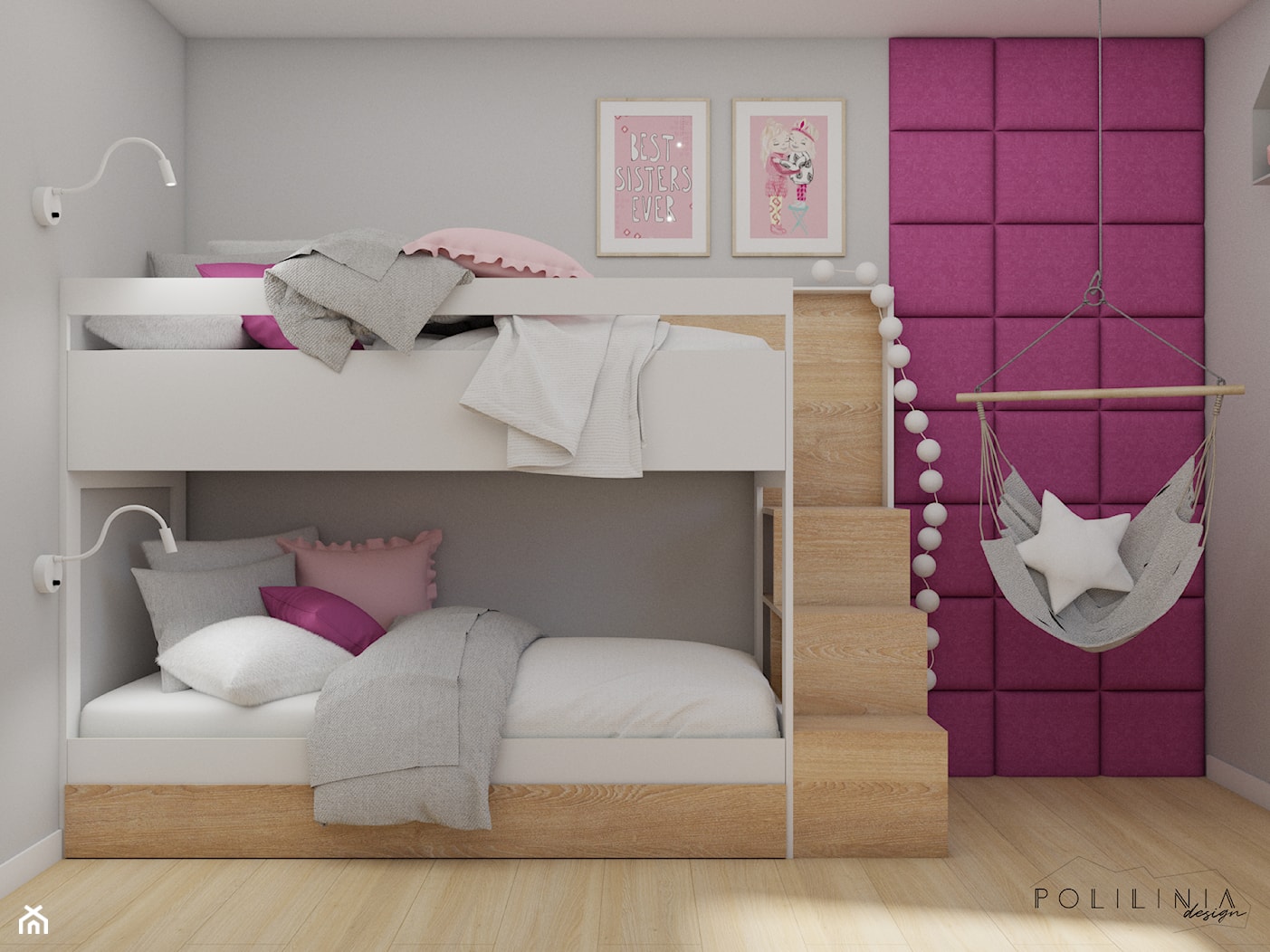 Pokój dziecięcy fuksja - Średni różowy szary z panelami tapicerowanymi pokój dziecka dla dziecka dla ... - zdjęcie od Polilinia Design - Homebook