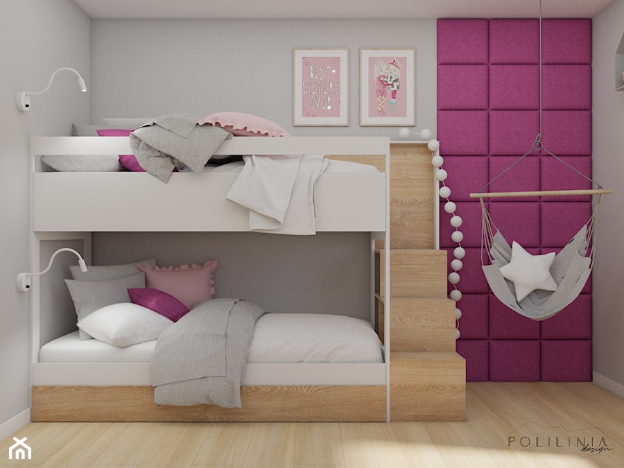 Pokój dziecięcy fuksja - Średni różowy szary z panelami tapicerowanymi pokój dziecka dla dziecka dla dziewczynki dla rodzeństwa, styl nowoczesny - zdjęcie od Polilinia Design