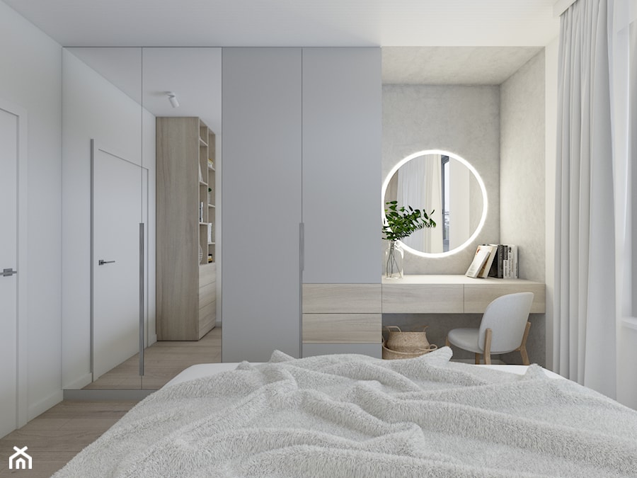 Sypialnia - mieszkanie Warszawa - Średnia biała szara sypialnia, styl nowoczesny - zdjęcie od Polilinia Design