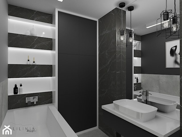 Czarno biała łazienka z płytkami w marmurowy wzór