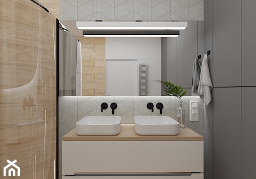 Łazienka z ukrytym przejściem - Mała bez okna z lustrem z dwoma umywalkami łazienka, styl nowoczesny - zdjęcie od Polilinia Design