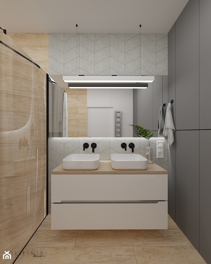 Łazienka z ukrytym przejściem - Mała bez okna z lustrem z dwoma umywalkami łazienka, styl nowoczesny - zdjęcie od Polilinia Design - Homebook